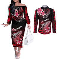 hawaii-couples-matching-off-the-shoulder-long-sleeve-dress-and-long-sleeve-button-shirts-polynesian-shark-with-kakau-red-version