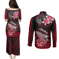 Hawaii Couples Matching Puletasi Dress and Long Sleeve Button Shirts Polynesian Shark with Kakau Red Version - Wonder Print Shop