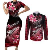 Hawaii Couples Matching Short Sleeve Bodycon Dress and Long Sleeve Button Shirts Polynesian Shark with Kakau Red Version - Wonder Print Shop