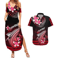 Hawaii Couples Matching Summer Maxi Dress and Hawaiian Shirt Polynesian Shark with Kakau Red Version - Wonder Print Shop