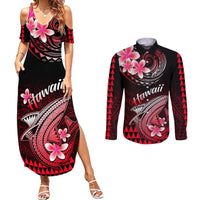 Hawaii matching maxi dress and long-sleeve button shirt set in black with red floral shark print