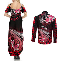 Back view Hawaii matching maxi dress and long-sleeve button shirt set, black with red floral shark