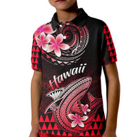 Kids polo shirt with black, red and pink shark graphic, Hawaii-style front print