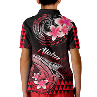 Kids polo shirt back view with black/red/pink shark and Aloha lettering