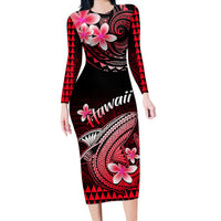 Hawaii Long Sleeve Bodycon Dress Polynesian Shark with Kakau Red Version - Wonder Print Shop