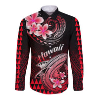 Hawaii Long Sleeve Button Shirt Polynesian Shark with Kakau Red Version - Wonder Print Shop
