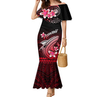 Red and black off-shoulder mermaid dress with Polynesian shark and flower print