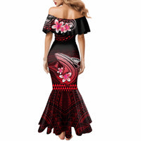 Off-shoulder fitted mermaid dress in red and black with floral shark tribal print