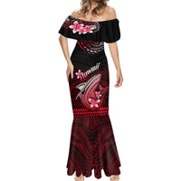 Red and black off-shoulder maxi mermaid dress with shark, floral, and tribal designs