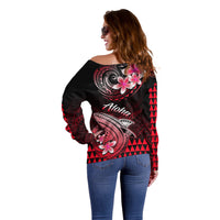 Hawaii Off Shoulder Sweater Polynesian Shark with Kakau Red Version - Wonder Print Shop