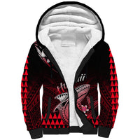 Sherpa-lined zip hoodie with red and black Polynesian shark graphic, front view