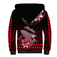 Sherpa-lined zip hoodie with red and black Polynesian shark graphic, back view