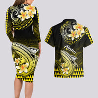 Hawaii Couples Matching Long Sleeve Bodycon Dress and Hawaiian Shirt Polynesian Shark with Kakau Yellow Version - Wonder Print Shop