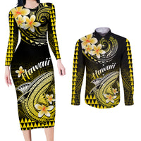 Hawaii Couples Matching Long Sleeve Bodycon Dress and Long Sleeve Button Shirts Polynesian Shark with Kakau Yellow Version - Wonder Print Shop