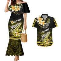 Couples mermaid dress and Hawaiian shirt set in black with yellow floral shark print