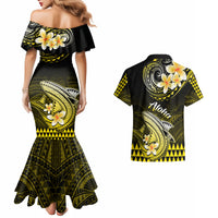 Black mermaid dress and Hawaiian shirt with yellow plumeria and shark graphic
