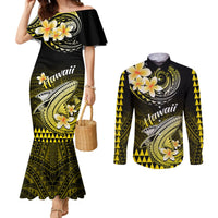 Matching mermaid dress and button shirt set, black with yellow floral Polynesian print