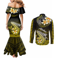 Mermaid dress and long-sleeve button shirt set, black/ yellow Polynesian print from back