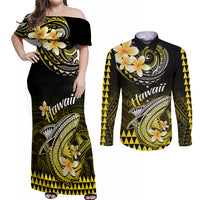 Hawaii Couples Matching Off Shoulder Maxi Dress and Long Sleeve Button Shirts Polynesian Shark with Kakau Yellow Version - Wonder Print Shop