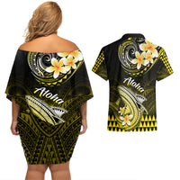 Hawaii Couples Matching Off Shoulder Short Dress and Hawaiian Shirt Polynesian Shark with Kakau Yellow Version - Wonder Print Shop