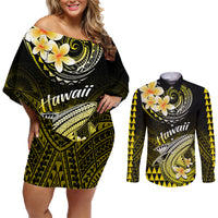 Hawaii Couples Matching Off Shoulder Short Dress and Long Sleeve Button Shirts Polynesian Shark with Kakau Yellow Version - Wonder Print Shop