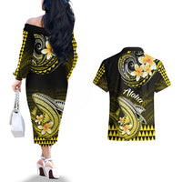 Hawaii Couples Matching Off The Shoulder Long Sleeve Dress and Hawaiian Shirt Polynesian Shark with Kakau Yellow Version - Wonder Print Shop