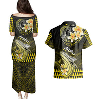 Hawaii Couples Matching Puletasi Dress and Hawaiian Shirt Polynesian Shark with Kakau Yellow Version - Wonder Print Shop