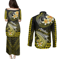 Hawaii Couples Matching Puletasi Dress and Long Sleeve Button Shirts Polynesian Shark with Kakau Yellow Version - Wonder Print Shop
