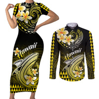 Hawaii Couples Matching Short Sleeve Bodycon Dress and Long Sleeve Button Shirts Polynesian Shark with Kakau Yellow Version - Wonder Print Shop
