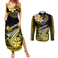 Hawaiian couples maxi dress and long-sleeve button shirt set in black/yellow floral shark print