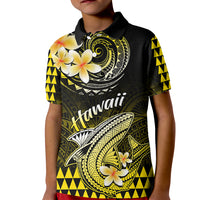 Kids polo shirt, black with yellow Polynesian shark and flower print, short sleeves