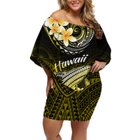 Hawaii Off Shoulder Short Dress Polynesian Shark with Kakau Yellow Version - Wonder Print Shop