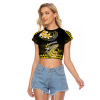 Hawaii Raglan Cropped T Shirt Polynesian Shark with Kakau Yellow Version - Wonder Print Shop