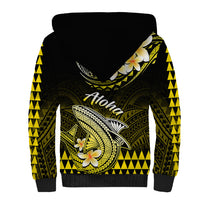Sherpa-lined hoodie back with black/yellow tribal pattern, shark graphic, and yellow trim