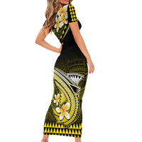 Hawaii Short Sleeve Bodycon Dress Polynesian Shark with Kakau Yellow Version - Wonder Print Shop