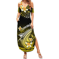 Women’s black off-shoulder maxi dress with yellow tropical print and side slit