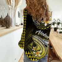 Hawaii Women Casual Shirt Polynesian Shark with Kakau Yellow Version - Wonder Print Shop