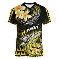 Hawaii Women V Neck T Shirt Polynesian Shark with Kakau Yellow Version - Wonder Print Shop