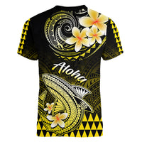 Hawaii Women V Neck T Shirt Polynesian Shark with Kakau Yellow Version - Wonder Print Shop