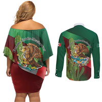 Mexico Independence Day 2025 Couples Matching Off Shoulder Short Dress and Long Sleeve Button Shirt 215th Anniversary Estados Unidos Mexicanos - Wonder Print Shop