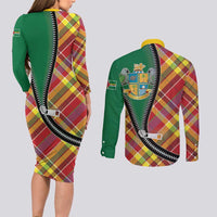 Dominica Creole Day Couples Matching Long Sleeve Bodycon Dress and Long Sleeve Button Shirt Madras Pattern Zipper Stylized - Wonder Print Shop