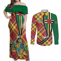 Dominica Creole Day Couples Matching Off Shoulder Maxi Dress and Long Sleeve Button Shirt Madras Pattern Zipper Stylized - Wonder Print Shop
