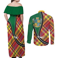Dominica Creole Day Couples Matching Off Shoulder Maxi Dress and Long Sleeve Button Shirt Madras Pattern Zipper Stylized - Wonder Print Shop