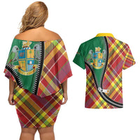 Dominica Creole Day Couples Matching Off Shoulder Short Dress and Hawaiian Shirt Madras Pattern Zipper Stylized - Wonder Print Shop