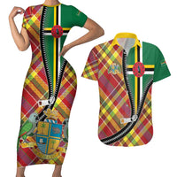Dominica Creole Day Couples Matching Short Sleeve Bodycon Dress and Hawaiian Shirt Madras Pattern Zipper Stylized - Wonder Print Shop