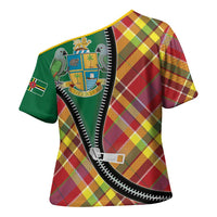 Dominica Creole Day Cross Shoulder Shirt Madras Pattern Zipper Stylized - Wonder Print Shop