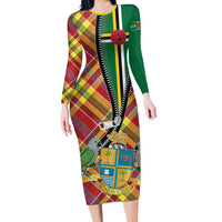 Dominica Creole Day Family Matching Long Sleeve Bodycon Dress and Hawaiian Shirt Madras Pattern Zipper Stylized - Wonder Print Shop