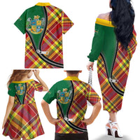 Dominica Creole Day Family Matching Off The Shoulder Long Sleeve Dress and Hawaiian Shirt Madras Pattern Zipper Stylized - Wonder Print Shop