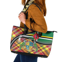 Dominica Creole Day Leather Tote Bag Madras Pattern Zipper Stylized - Wonder Print Shop