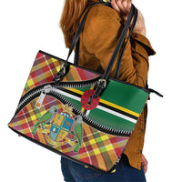 Dominica Creole Day Leather Tote Bag Madras Pattern Zipper Stylized - Wonder Print Shop